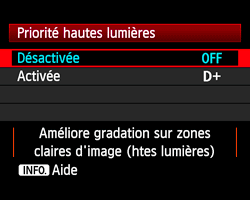Canon, menu Priorité hautes lumières Canon, menu Priorité hautes lumières