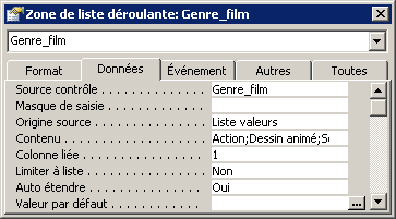 Propriétés de la zone de liste déroulante