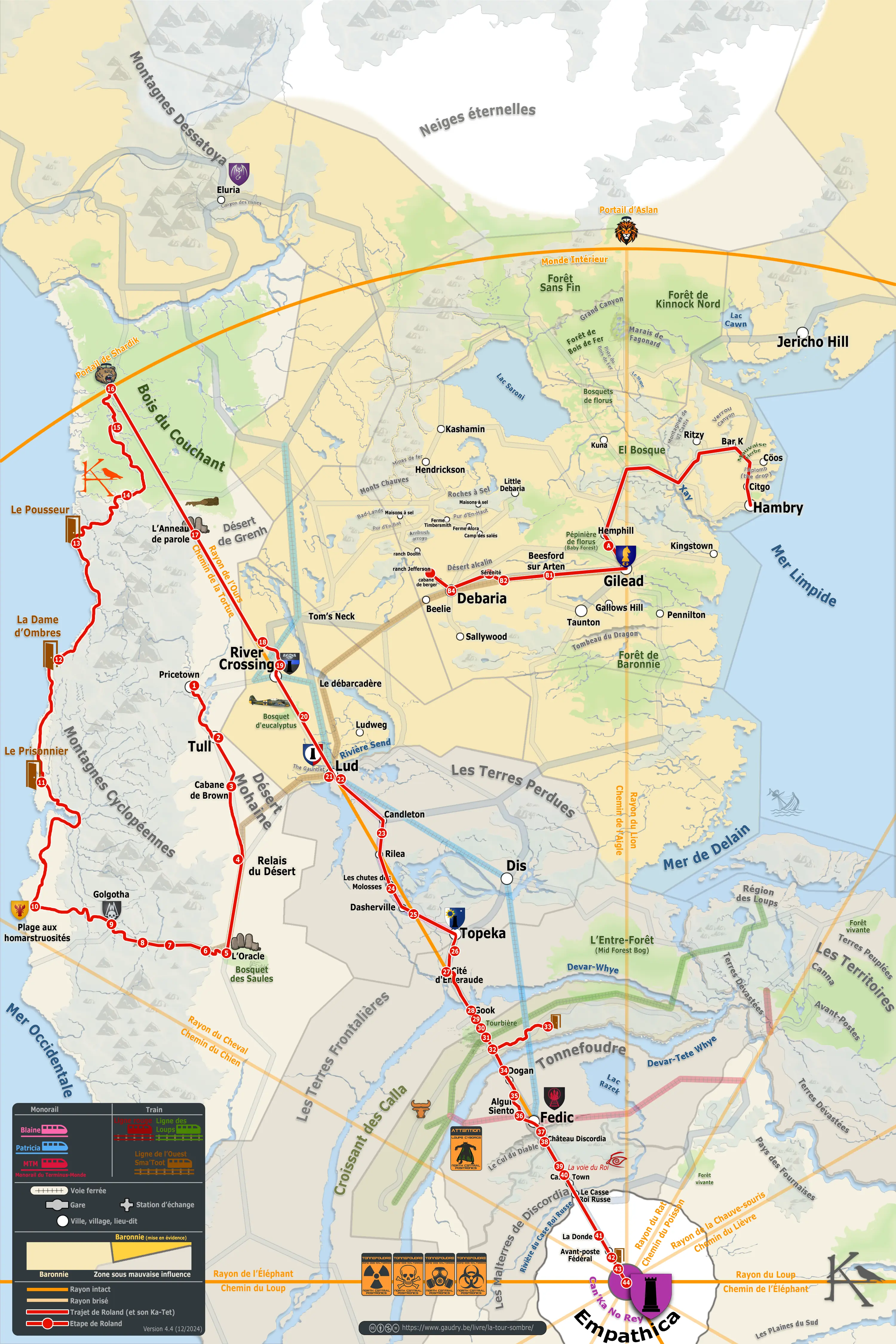 Carte du trajet de Roland de Gilead dans La Tour Sombre