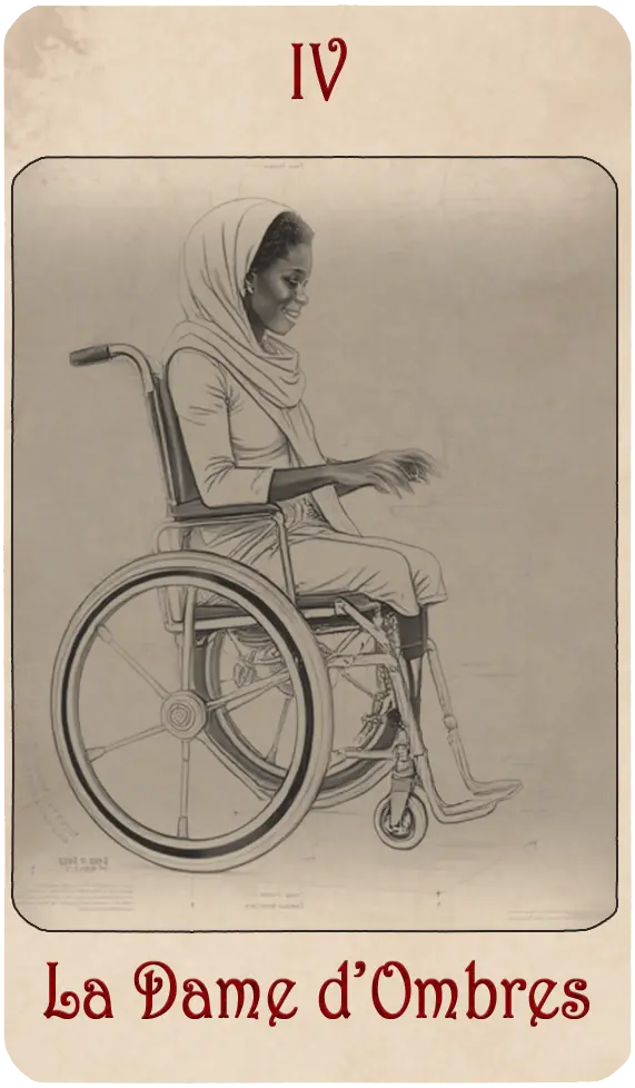 Carte de tarot: la dame d'ombres une carte de tarot qui représente une femme afro-américaine de 23 ans amputée des jambes et en chaise roulante