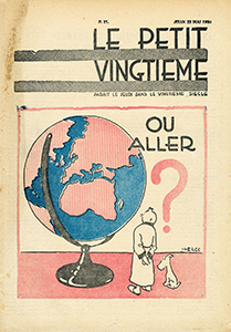 Tintin et Milou devant une mappemonde gigantesque