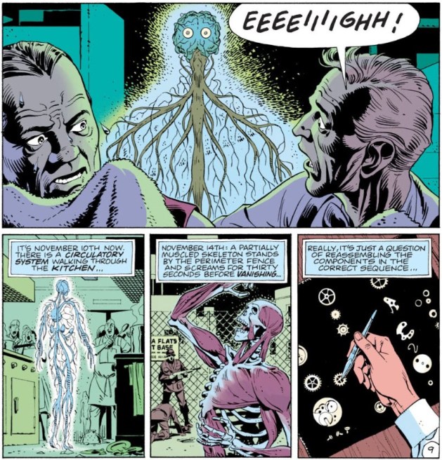 Watchmen chapter 4, page 9, panels 4-7. Panel 4: two frightened men's faces in the foreground. One is looking back, screaming, at a brain and nervous system suspended in the air. Panel 5: caption &lquo;It's November 10th now. There is a circulatory system walking through the kitchen.&lquo; The art illustrates this. Panel 6: caption &lquo;November 14th: A partially muscled skeleton stands at the perimeter fence and screams for thirty seconds before vanishing.&lquo; Again the art is a straightforward illustration of the caption. Panel 7: caption &lquo;Really, it's just a question of reassembling the components in the correct sequence.&lquo; Art is wristwatch pieces laid out on a black cloth. Young Osterman's hand is picking one up with tweezers.