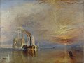 Un grand bateau est remorqué par un plus petit à vapeur. Il y a un couche de soleil.
