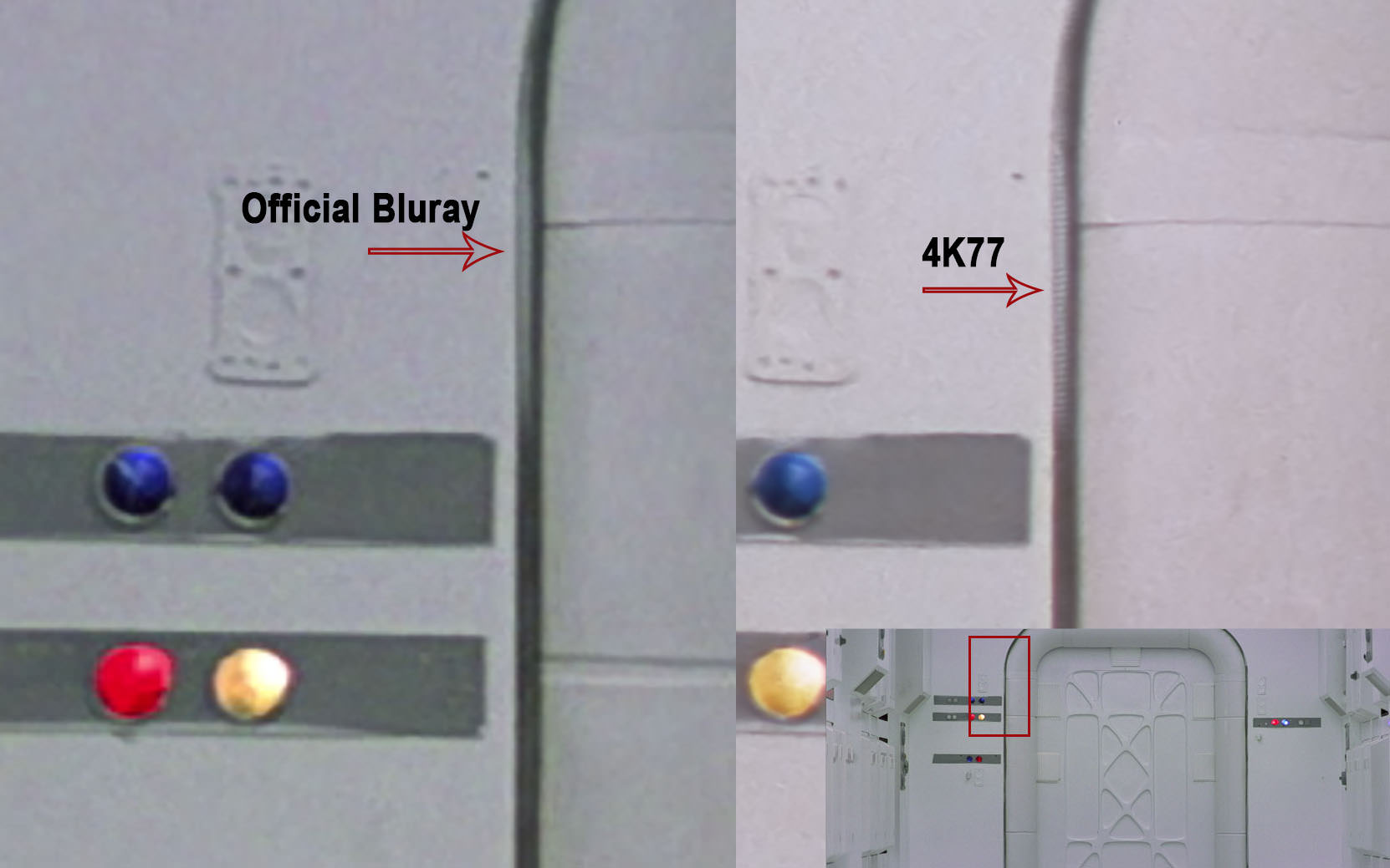 Gros plan sur le cadre de la porte : Blu-ray vs 4K77. Le 4K77 présente clairement des lignes horizontales, absentes du Blu-ray.