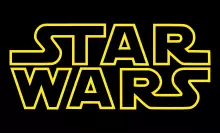 The words Star Wars written in a large, yellow, outline font against a black background