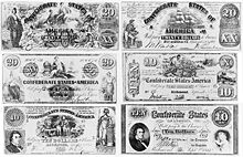 Trois billets de dix dollars et trois de vingt dollars de la Confédération.