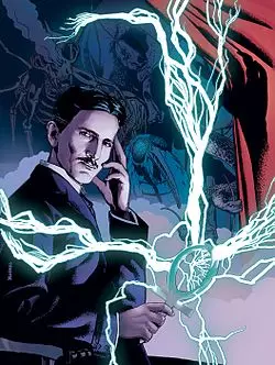 Nyarlathotep représenté sous les traits de Nikola Tesla. Image promotionnelle de Julien Noirel pour l'adaptation en bande dessinée du poème en prose Nyarlathotep (1920) de Howard Phillips Lovecraft.