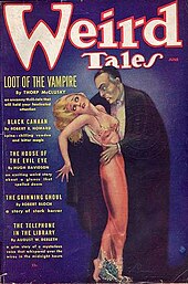 Couverture du magazine Weird Tales de juin 1936 présentant des nouvelles fantastiques. Couverture du magazine Weird Tales de juin 1936, montrant un vampire s'attaquant à une femme