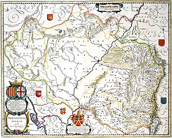 Aragonia Regnum, carte du royaume d'Aragon par les cartographes Blaeu, à partir de la carte de Juan Bautista Labaña et publiée vers 1640.
