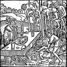 Représentation tirée des chroniques de Brodoc, et montrant Vlad Ţepeş dînant devant des exécutions par empalement Représentation tirée des chroniques de Brodoc, et montrant Vlad Ţepeş dînant devant des exécutions par empalement