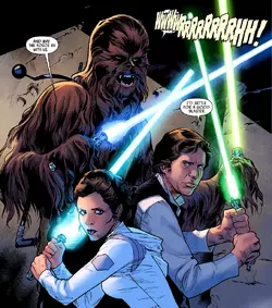 Leia Han et Chewie avec des sabres laser