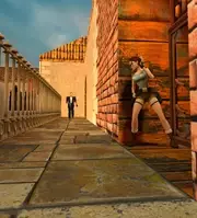 Lara sur les balcons extérieurs.