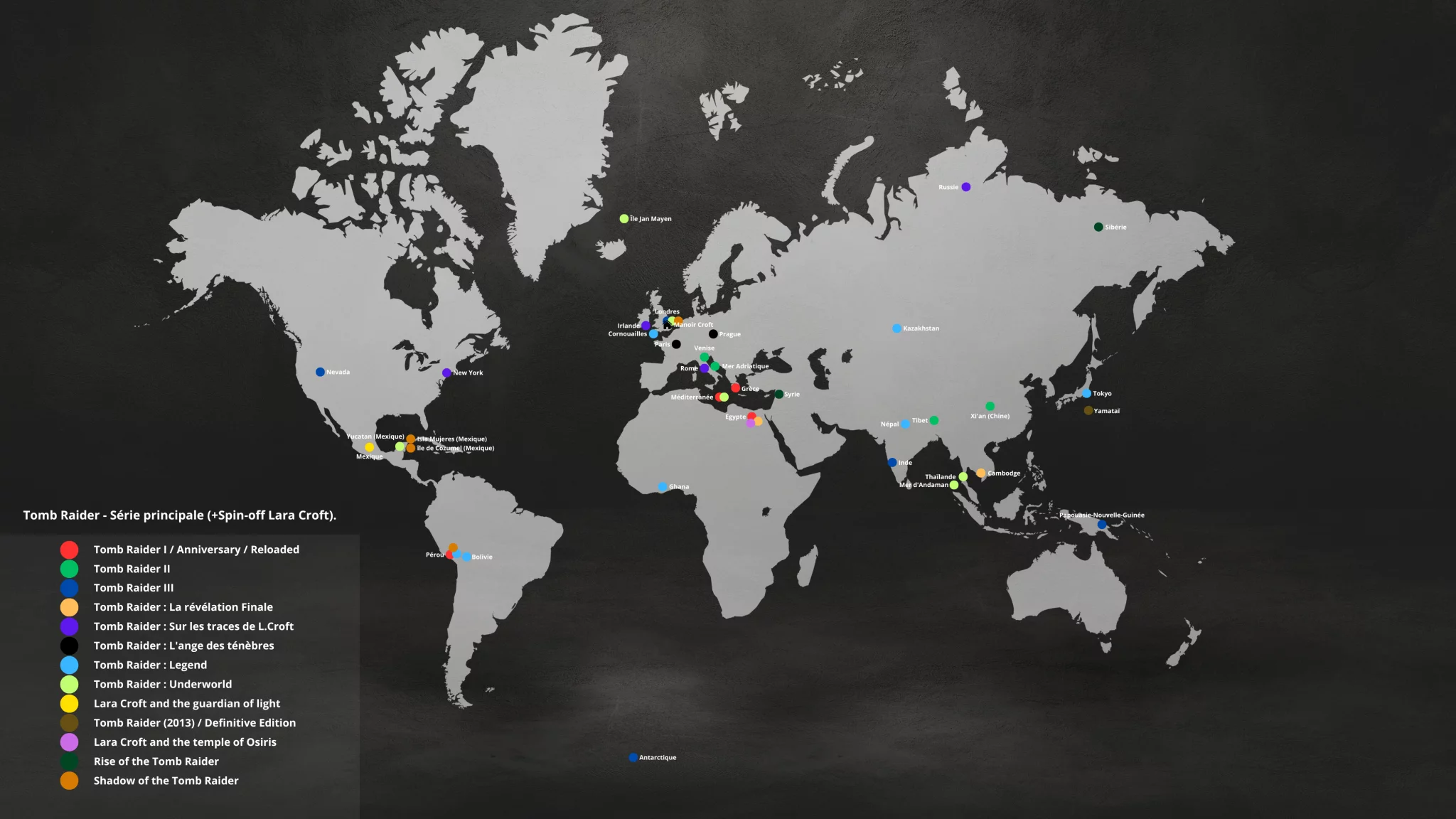 Location des jeux Tomb Raider de la série principale (+ Spin-off Lara Croft)