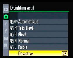 Nikon, menu du D-Lighting actif