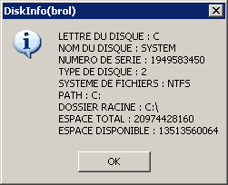 Fenêtre de résultat du script vbs qui affiche les stats du disque