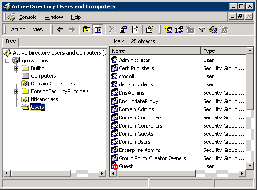 Ecran Active Directory Users and Computers