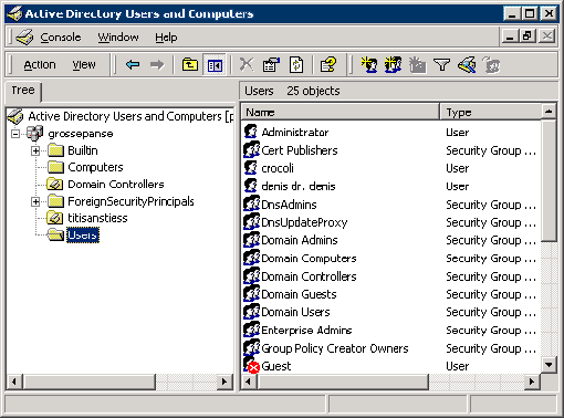 Ecran Active Directory Users and Computers Ecran Active Directory Users and Computers