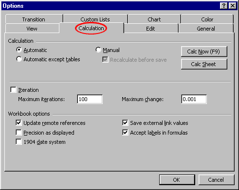 Onglet Calculation de Tools/Options