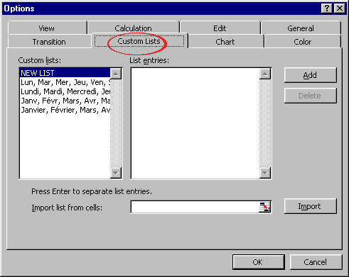 Onglet Custom Lists de Tools/Options