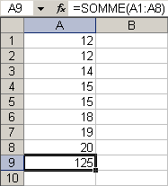 =SOMME(A1:A8)