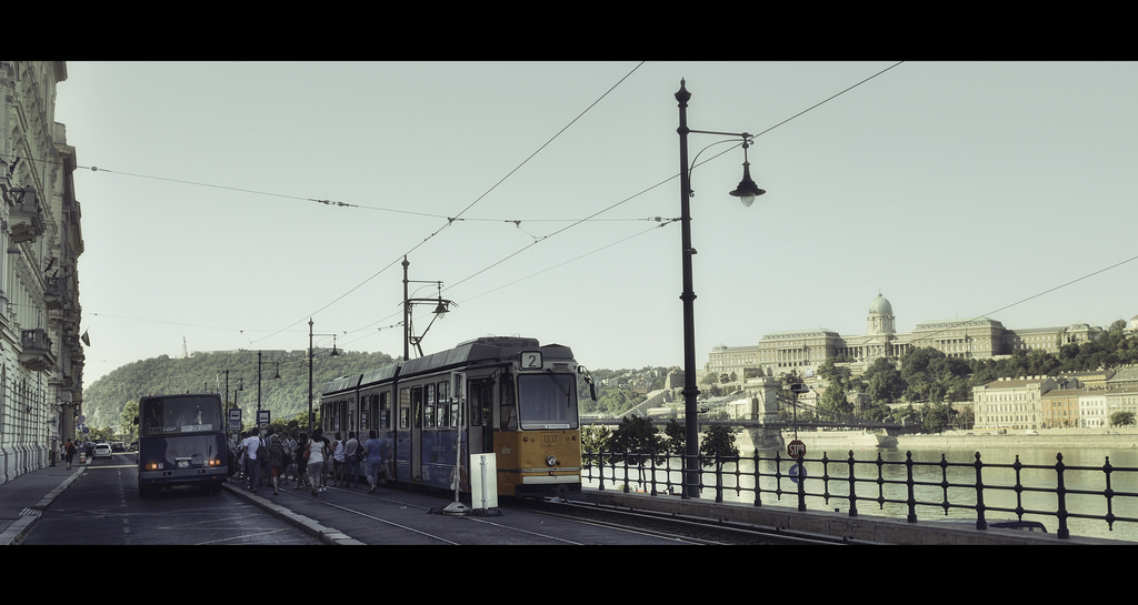 Bus and tramway in front of Buda Castle