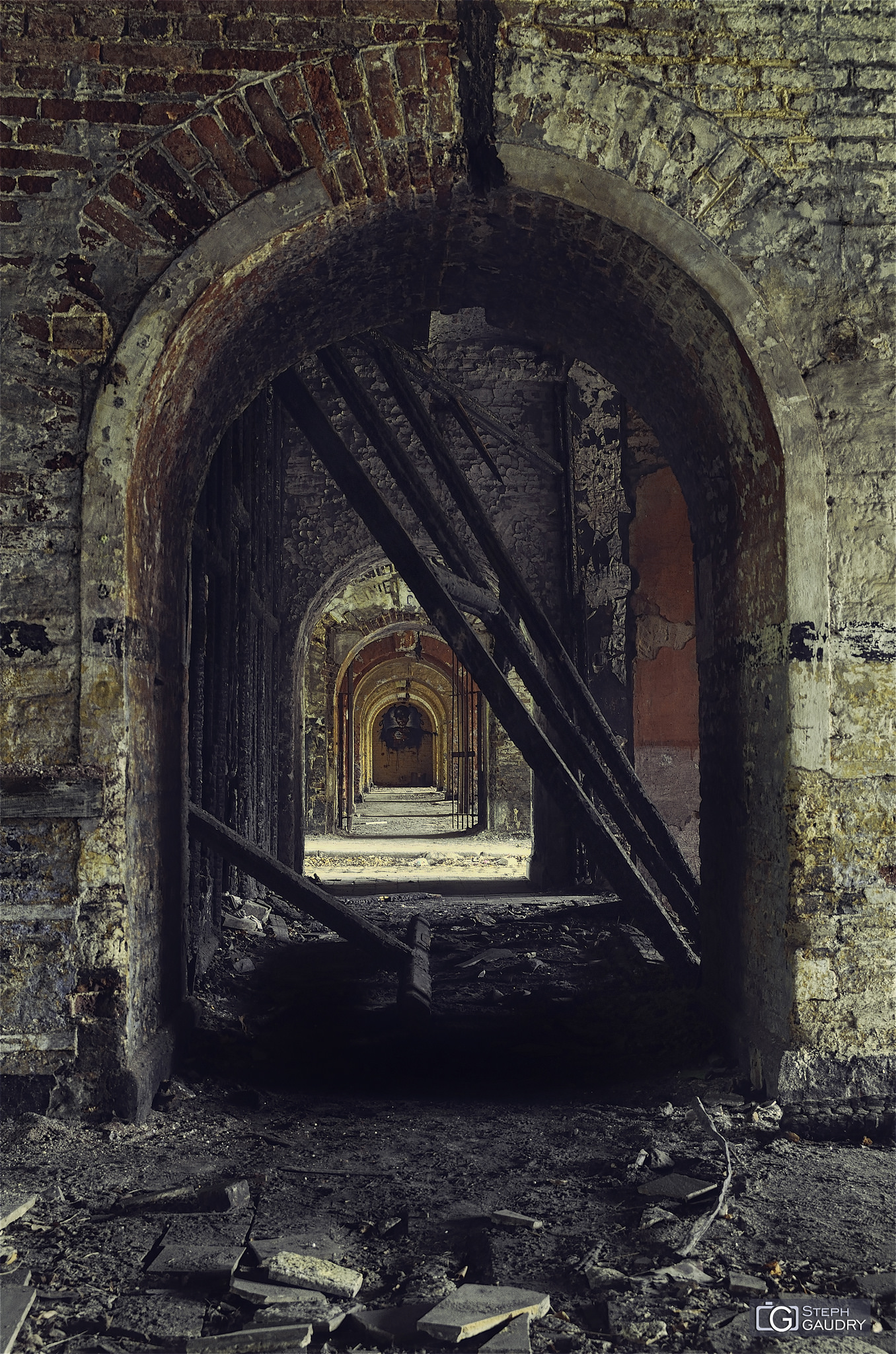 Beams of the burned and collapsed floor