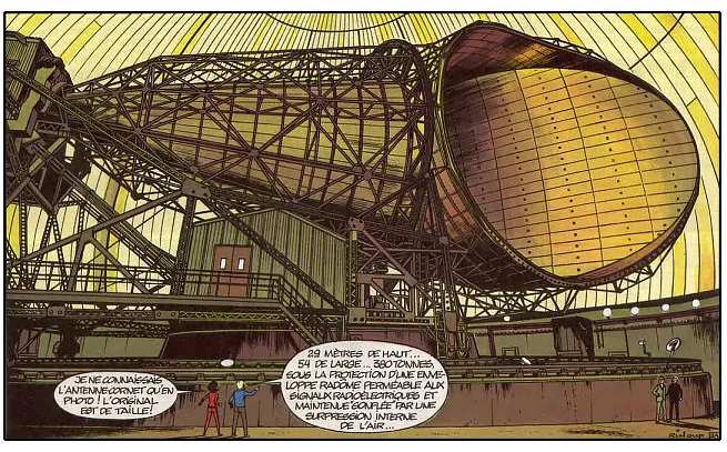 L'antenne cornet de Pleumeur-Bodou, dessinée par R. Leloup dans l'album de la série Yoko Tsuno «Un message pour l'éternité»