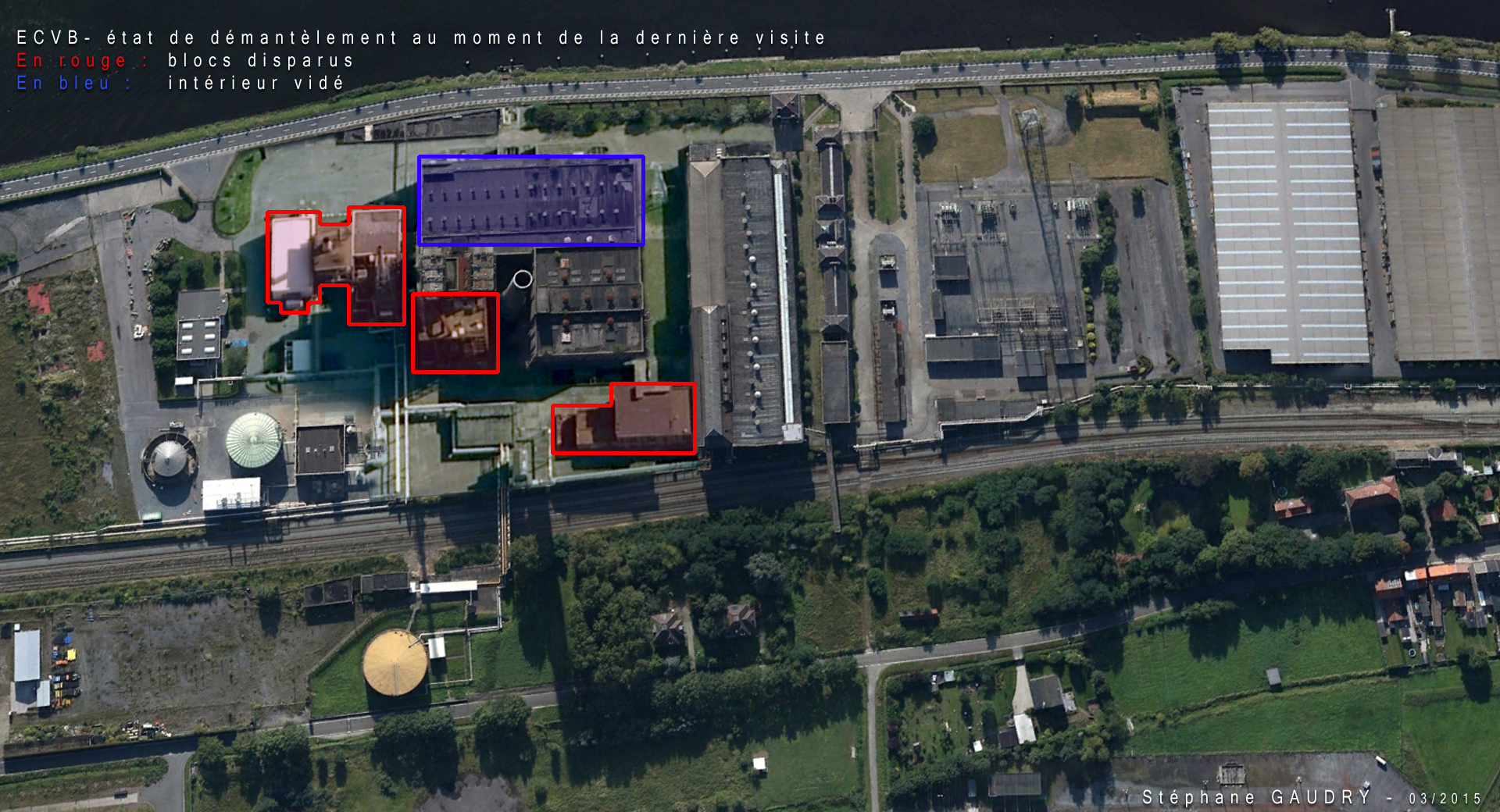 Vue de la centrale électrique ECVB avec marquage des zones démolies